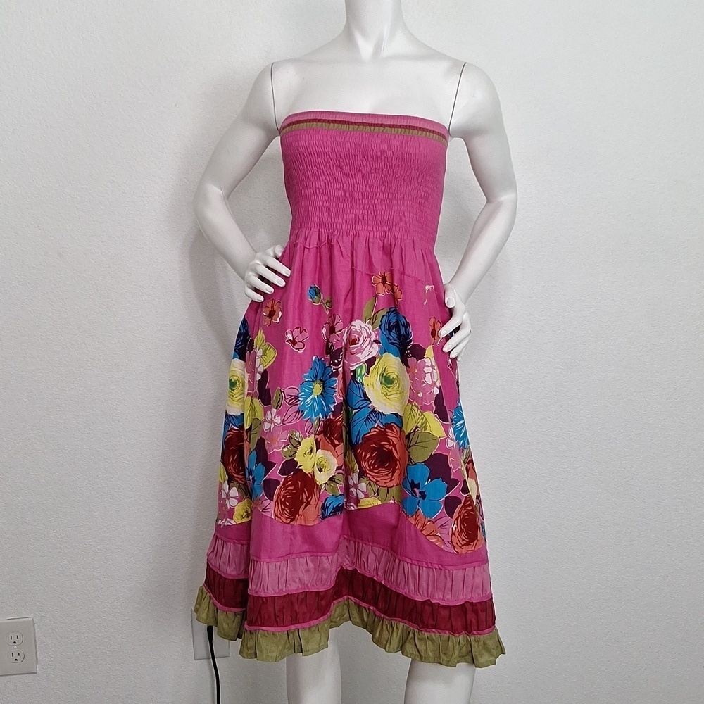 Sarina Strapless Bohemian Smocked Floral Ruffle Hem Boho Multicolor Dress Sz. XL